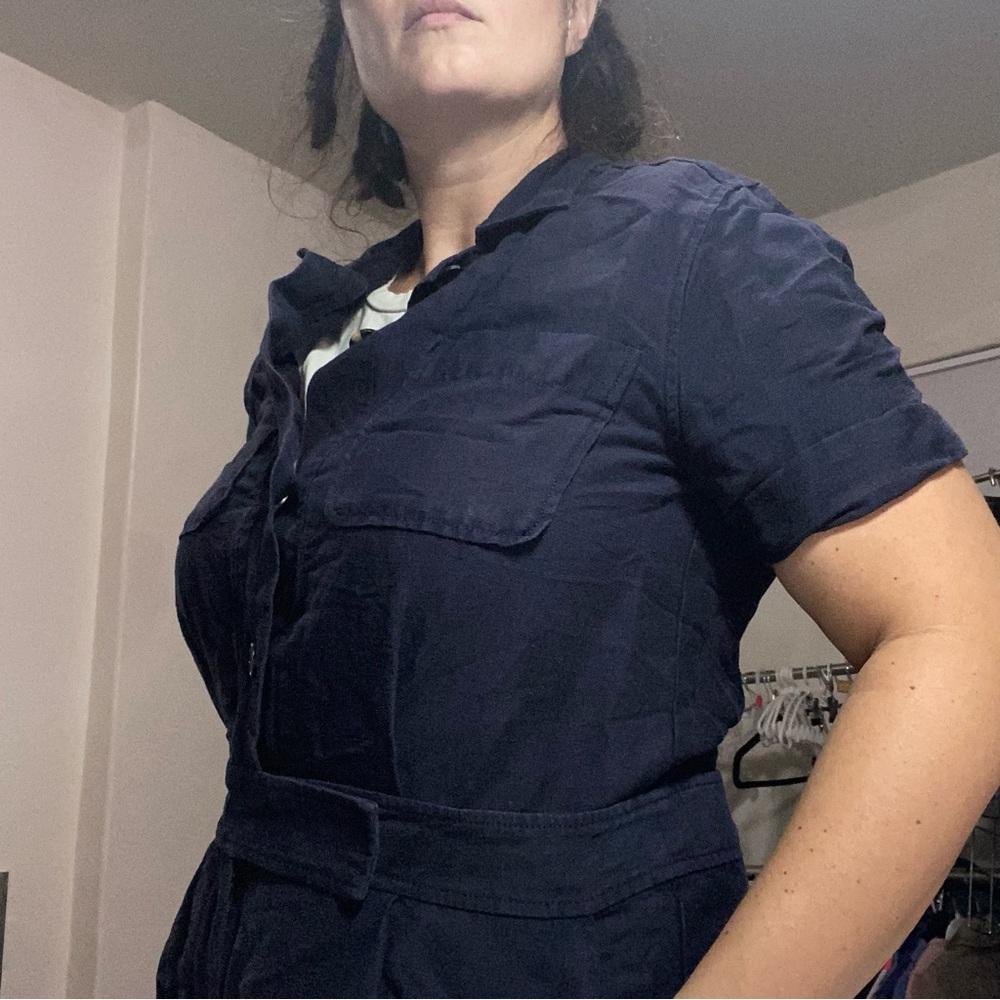 Ann Taylor Linen Blend Navy Blue Jumpsuit Romper 14 Lightweight Cargo Summer - Picture 14 of 16